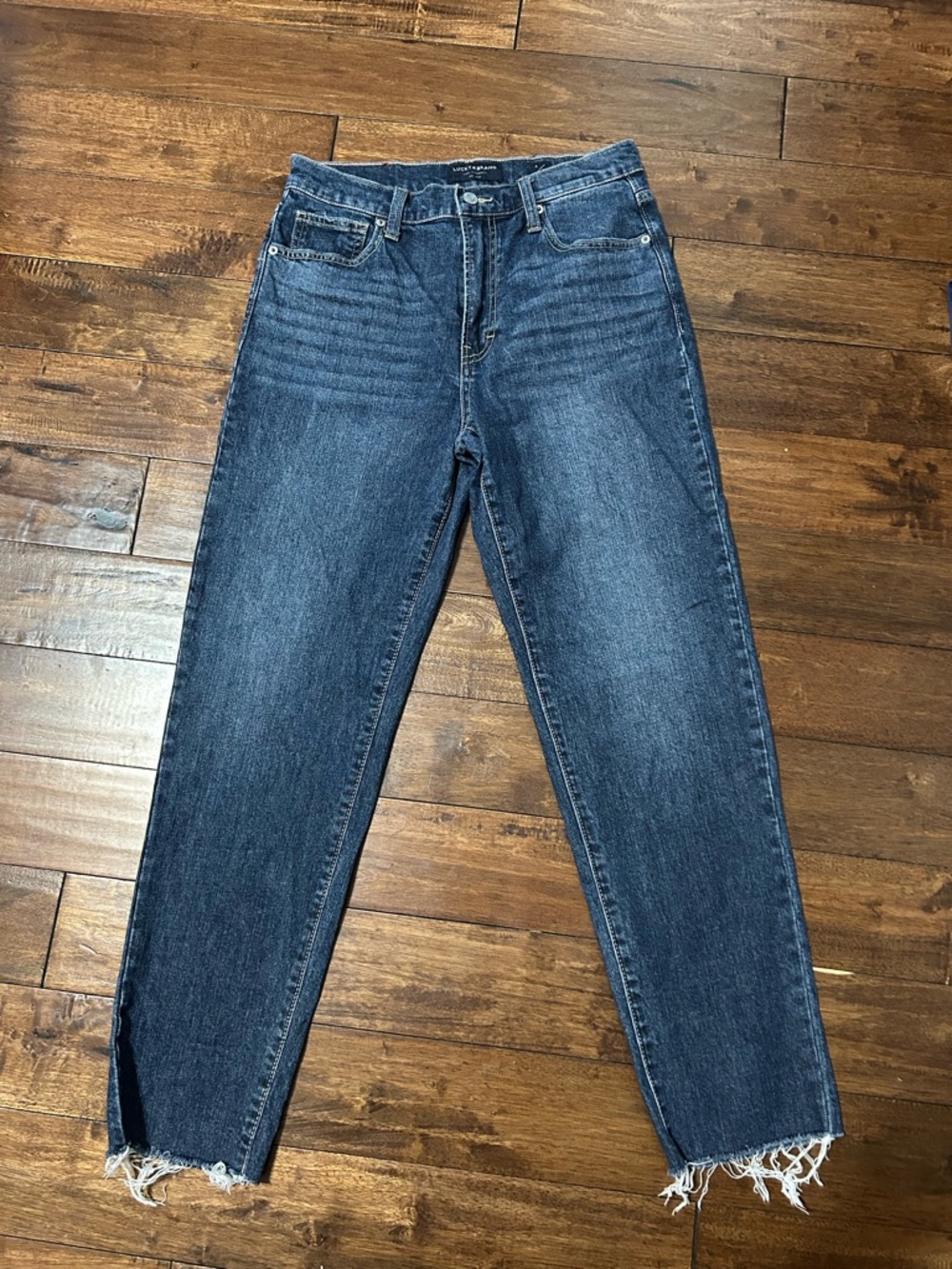 Lucky Brand Dark Blue High-Rise Cropped Jeans with Frayed Ankles